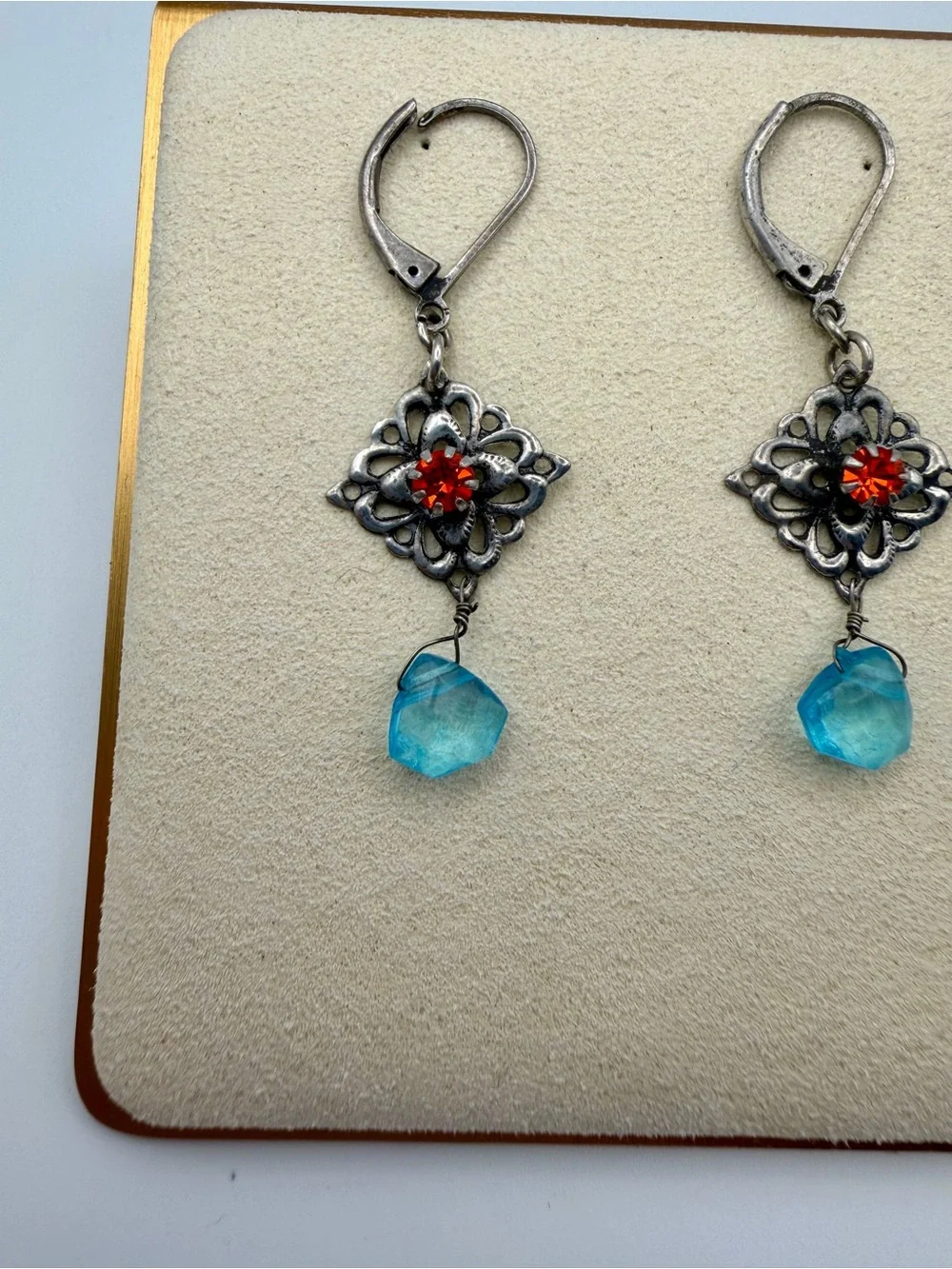 Vintage Style Filigree Drop Earrings with Red Crystals & Aqua Blue Dangles - Picture 7 of 7